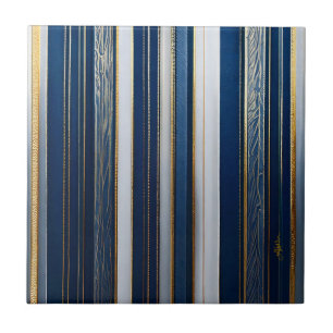 Christmas Blues Stripes Blue White Gold Ceramic Tile