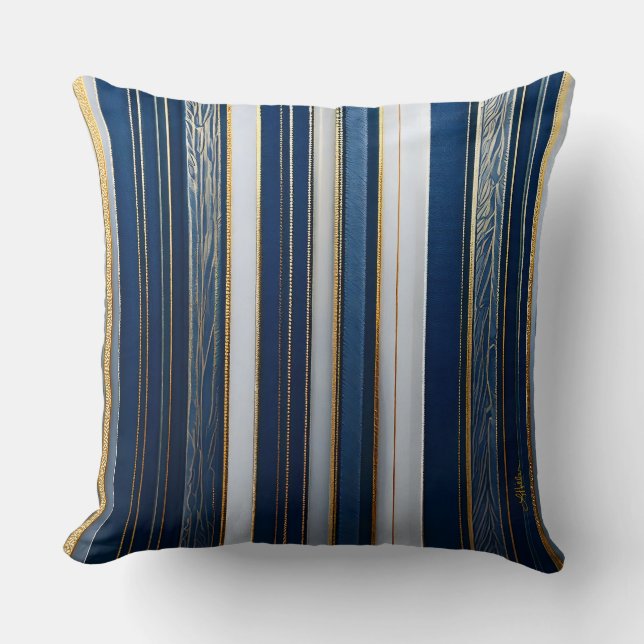 Christmas Blues Stripes Blue White Gold Cushion (Front)