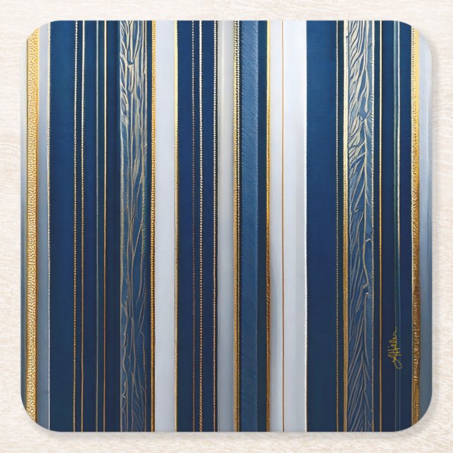 Christmas Blues Stripes Blue White Gold Square Paper Coaster (Front)