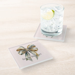 Christmas Blush Pink Rustic Green Gold Bow Glass Coaster