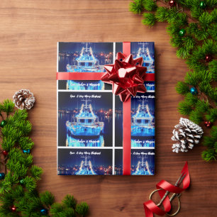 Christmas Boat With White Lights Wrapping Paper