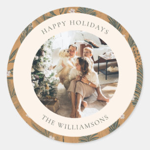 Christmas Boho Botanical Greenery Photo Custom Classic Round Sticker