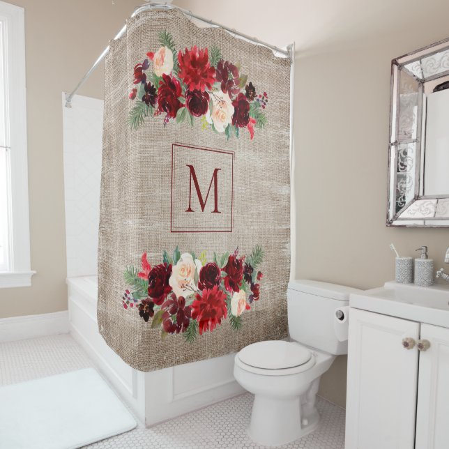 Christmas Boho Chic Floral Branch Burlap Monogram Shower Curtain (In Situ)