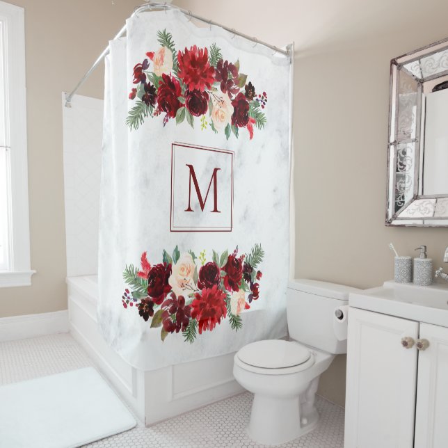 Christmas Boho Chic Floral Branch Marble Monogram Shower Curtain (In Situ)