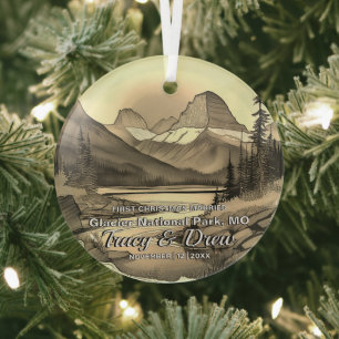 Christmas Boho Glacier National Park Sepia Married Glass Tree Decoration