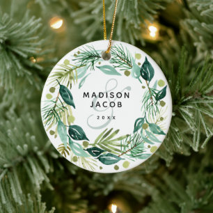 Christmas Boho Greenery Wreath Names Couple Photo Ceramic Ornament