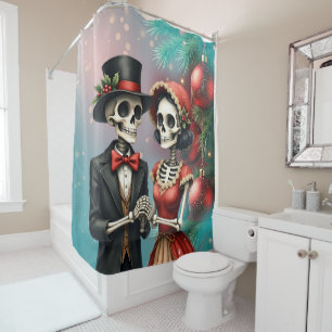 Christmas Bone Romance, A festive skeleton couple. Shower Curtain