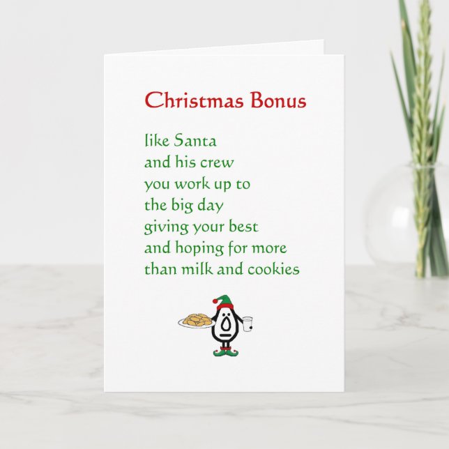 Christmas Bonus - a funny Christmas poem Holiday Card (Front)