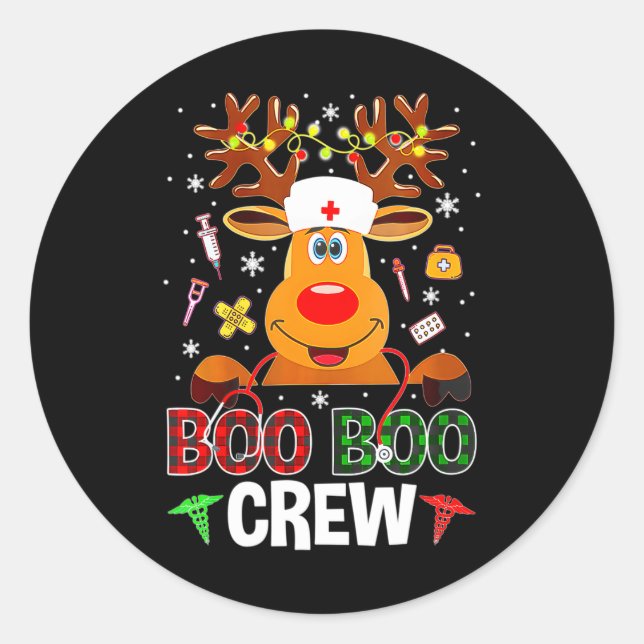 Christmas Boo Boo Crew Reindeer Nurse Buffalo Classic Round Sticker (Front)