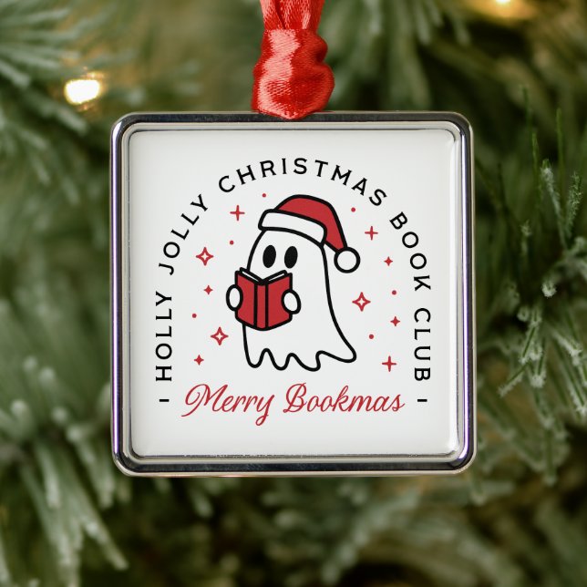 Christmas book club cute ghost preppy aesthetic metal ornament (Tree)