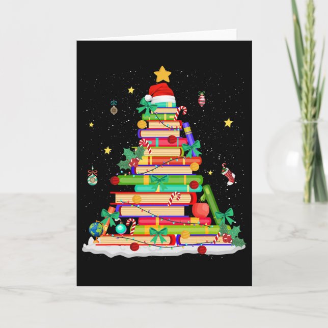 Christmas Book Library Tree Lights Funny Librarian Card (Front)