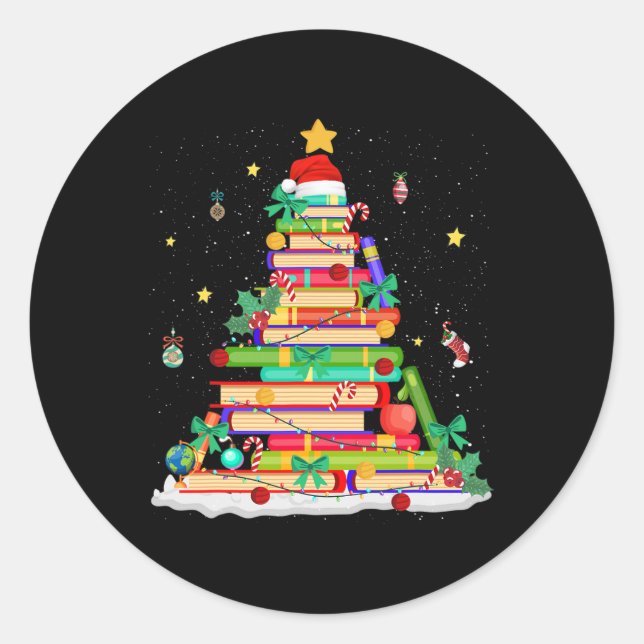 Christmas Book Library Tree Lights Funny Librarian Classic Round Sticker (Front)