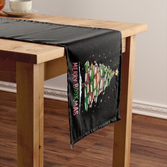 Christmas Book Lover Tree Librarian Merry Bookmas  Short Table Runner (In Situ)