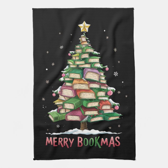 Christmas Book Lover Tree Librarian Merry Bookmas  Tea Towel (Vertical)