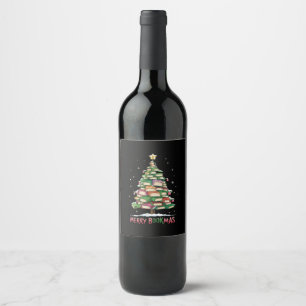 Christmas Book Lover Tree Librarian Merry Bookmas  Wine Label