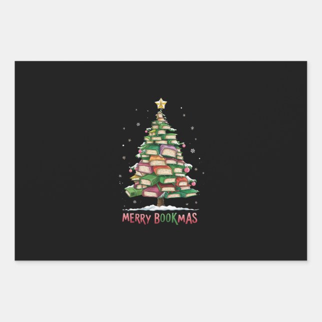 Christmas Book Lover Tree Librarian Merry Bookmas  Wrapping Paper Sheet (Front)