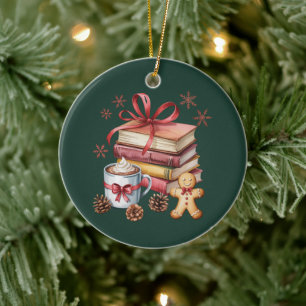 Christmas Books Gingerbread Books Cocoa Bookish Ceramic Ornament
