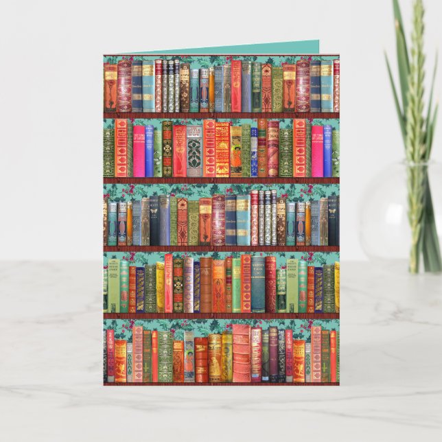 Christmas bookshelf greetings card with holly (Front)