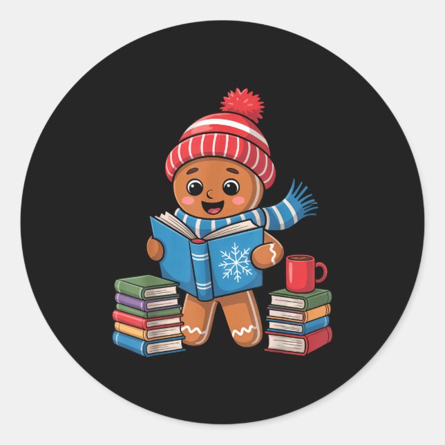 Christmas Bookworm Gingerbread Reading Books Funny Classic Round Sticker (Front)