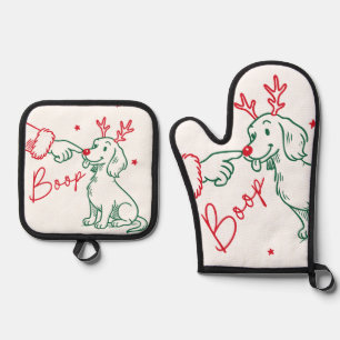 Christmas Boop Dachshund Dog Oven Mitt & Pot Holder Set