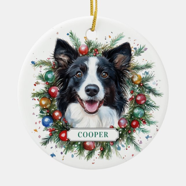 Christmas Border Collie Ceramic Circle Ornament (Front)
