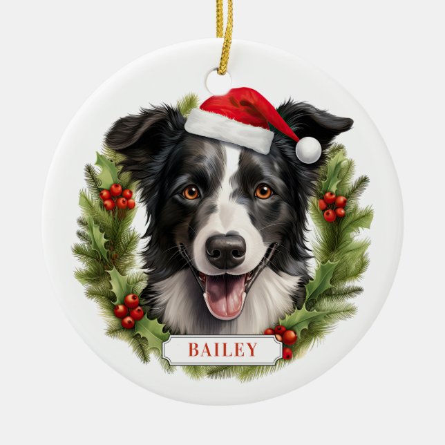Christmas Border Collie Ceramic Circle Ornament (Front)