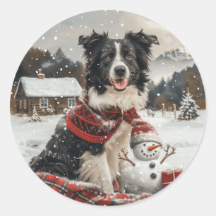 Christmas Border Collie Dog Snowman Classic Round Sticker