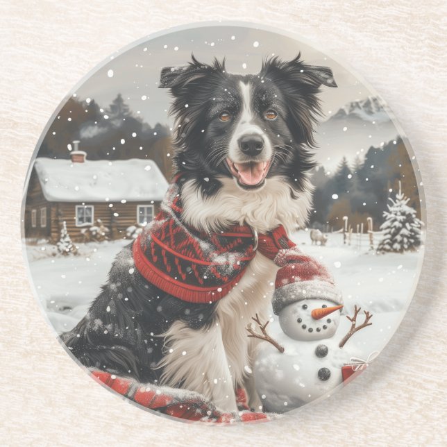 Christmas Border Collie Dog Snowman Coaster (Front)
