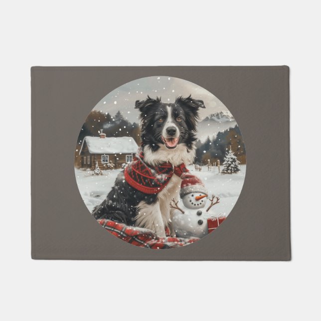 Christmas Border Collie Dog Snowman Doormat (Front)