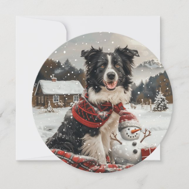 Christmas Border Collie Dog Snowman Holiday Card (Front)