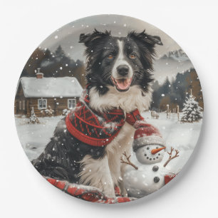 Christmas Border Collie Dog Snowman Paper Plate