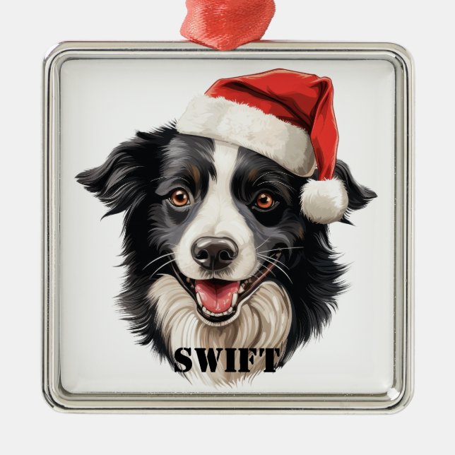 CHRISTMAS BORDER COLLIE DOG WITH SANTA HAT METAL ORNAMENT (Front)