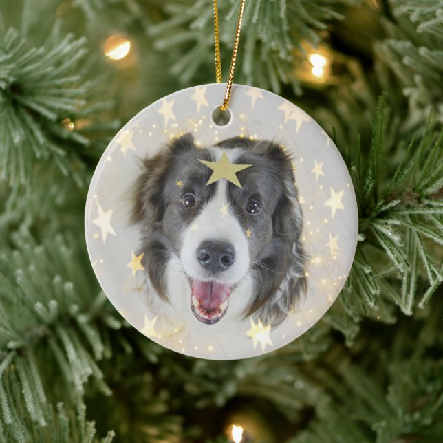 Christmas Border Collie dog with stars and lights Ceramic Ornament (Tree)