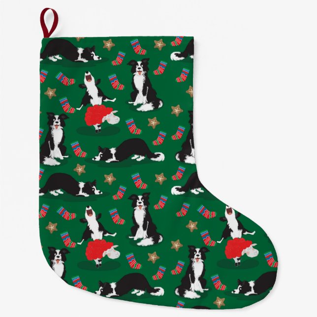 Christmas Border Collie green Large Christmas Stocking (Front)