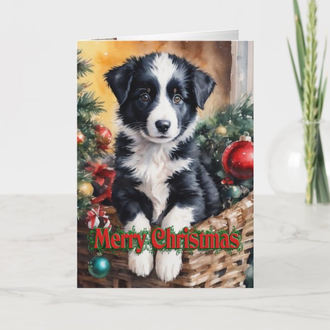Christmas Border Collie puppy in a basket  Holiday Card (Front)