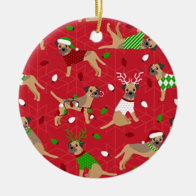Christmas Border Terrier Ceramic Ornament (Front)