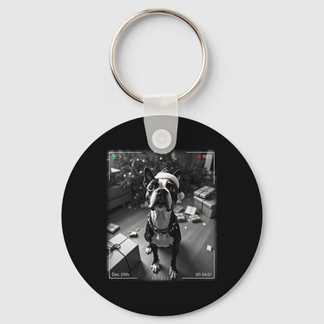 Christmas Boston Terrier Caught On Camera  Key Ring (Front)