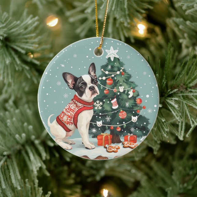 Christmas Boston Terrier Dog Ceramic Ornament (Tree)