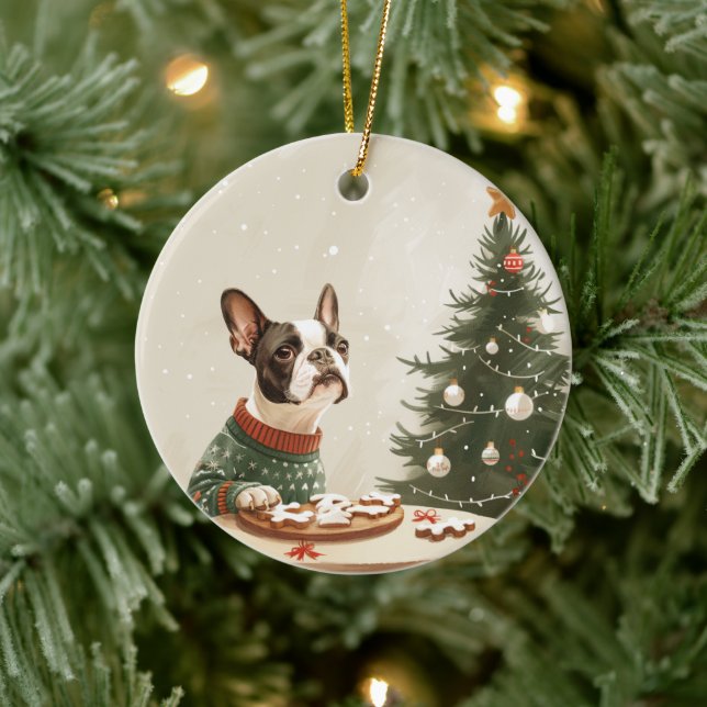 Christmas Boston Terrier Dog Ceramic Ornament (Tree)
