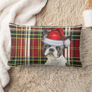 Christmas Boston Terrier Dog Holiday Plaid Lumbar Cushion