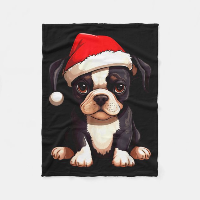 Christmas Boston Terrier Dog Santa Hat Funny Xmas  Fleece Blanket (Front)
