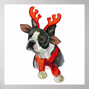 Christmas Boston terrier dog Throw Pillow Poster