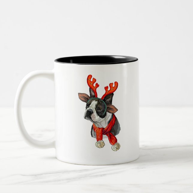 Christmas Boston terrier dog Two-Tone Coffee Mug (Left)