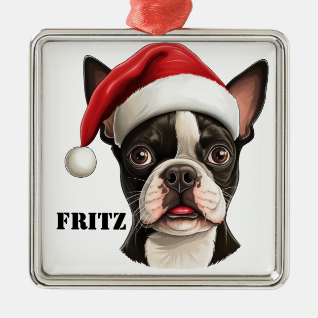 CHRISTMAS BOSTON TERRIER DOG WITH SANTA HAT METAL ORNAMENT (Front)