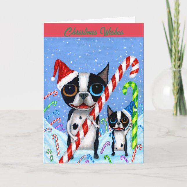 Christmas Boston Terrier Dogs Candy Cane Santa Hat Card (Front)