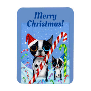 Christmas Boston Terrier Dogs Candy Cane Santa Hat Magnet