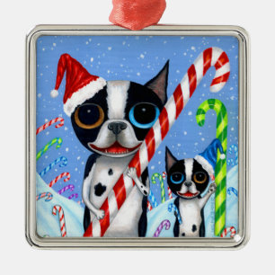 Christmas Boston Terrier Dogs Candy Cane Santa Hat Metal Ornament