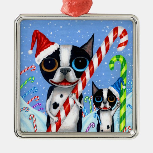 Christmas Boston Terrier Dogs Candy Cane Santa Hat Metal Ornament (Front)