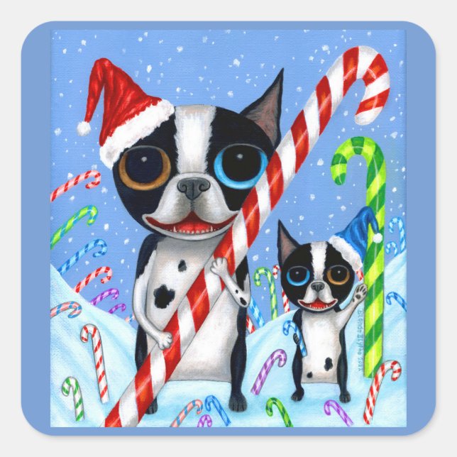 Christmas Boston Terrier Dogs Candy Cane Santa Hat Square Sticker (Front)