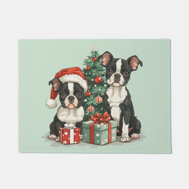 Christmas Boston Terrier Dogs Doormat (Front)